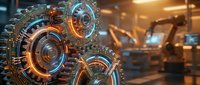 Glowing mechanical gears with digital interface in industrial factory setting, representing technology, automation, engineering, and manufacturing processes for business concepts.