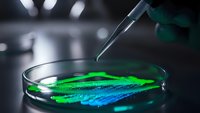 Laboratory pipette dropping green liquid into petri dish with blue bacterial culture for scientific research and microbiology experiments.