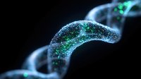 Glowing DNA helix with luminescent green and blue particles on dark background, suitable for science, medical, and biotechnology presentations.