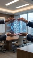 Business team hands protecting digital security shield with data analytics in modern office boardroom for cybersecurity collaboration.