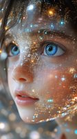 Close-up portrait of young woman with blue eyes and glowing digital particles overlay effect creating magical fantasy atmosphere for creative design projects.