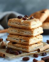Stack of flaky puff pastry squares garnished with dried cranberries and cinnamon sticks on parchment paper, macro food photography with selective focus.
