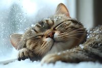 Peaceful tabby cat sleeping near frosty window on cold winter day, showing contentment with closed eyes and relaxed expression. Cozy home atmosphere.