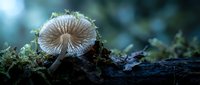 Small white mushroom growing on mossy log in forest with soft natural lighting and bokeh background for nature photography projects.