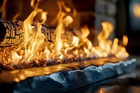 Burning log with bright orange flames in close-up view against dark background, creating warm and cozy atmosphere for seasonal and holiday designs.