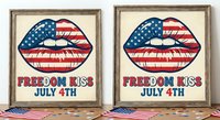 Patriotic lips with American flag pattern in rustic frames for Independence Day celebration and July 4th home decor.