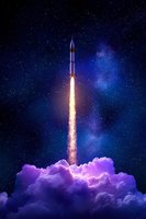 Rocket launch through purple clouds against starry night sky, bright flame trail illuminating cosmic atmosphere, space exploration concept for aerospace designs.