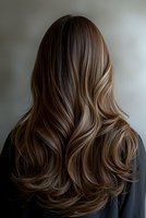 Back view of long wavy brown hair with subtle balayage highlights showing professional salon styling result, demonstrating modern hair coloring technique and healthy shine.