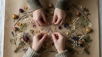 Overhead view of four hands arranging dried flowers and botanical elements on kraft paper, perfect for craft, floral design, and creative projects.