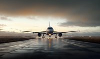 Commercial passenger aircraft on wet runway during dramatic sunset, front view with dramatic storm clouds and reflective surface, aviation photography.