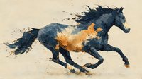 Dynamic watercolor horse galloping with paint splashes and artistic brush strokes on textured paper background for creative projects and equestrian designs.