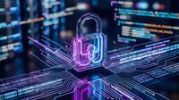 Digital cybersecurity padlock with glowing neon circuits and data streams representing network protection, encryption technology and secure information systems.
