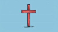 Hand drawn wooden cross in red color against light blue background, religious Christian symbol with simple sketch style lines and shadow detail for faith-based designs.