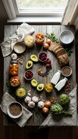 Healthy organic food ingredients spread on rustic wooden table with natural window light for meal preparation and cooking.