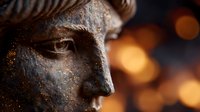 Ancient bronze sculpture fragment showing detailed facial features against blurred warm bokeh lights background, dramatic museum artifact lighting.