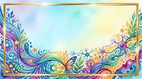 Colorful ornamental border with swirling patterns, floral elements, and decorative flourishes on watercolor background. Suitable for invitations, greeting cards, and design projects.