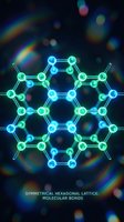 Glowing molecular structure with hexagonal lattice pattern on dark background with rainbow light effects for science and technology concepts.