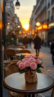 Pink roses in kraft paper on cafe table at sunset, with blurred European street background showing warm bokeh lights and silhouetted pedestrians walking at dusk.