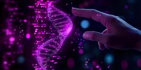 Glowing purple DNA helix structure with human hand reaching towards it against dark background with bokeh lights, representing genetic research and biotechnology.