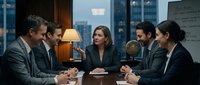 Professional business team meeting in modern conference room with city skyline view during evening hours discussing corporate strategy and collaboration.