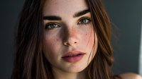 Young brunette woman with freckles and natural makeup looking directly at camera with intense gaze and soft lighting creating dramatic portrait atmosphere.