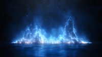 Mystical glowing blue aurora reflection on dark water surface creates ethereal atmosphere with starry night sky and misty fog effect.