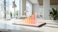 Smartphone displaying glowing orange and pink bar chart on white marble desk with lamp and plants in modern office interior for business analytics and data visualization.