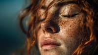 Young redhead woman with freckles and closed eyes in golden sunlight creating natural shadow patterns on face for beauty and skincare concepts.