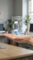 Hand holding transparent holographic display showing smartwatch connectivity interface with wifi and signal icons in modern office environment for technology and digital innovation concepts.