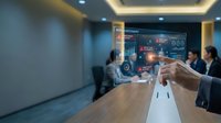 Business team analyzing financial data on holographic display in modern conference room during corporate meeting and strategy session.