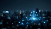 Digital scales of justice glowing blue against dark background with circuit patterns, symbolizing legal technology and modern law systems.