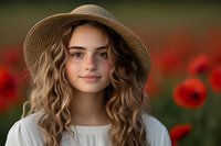 Young Caucasian woman with curly brown hair wearing straw hat and white blouse smiling in poppy field, natural summer portrait with soft bokeh background.