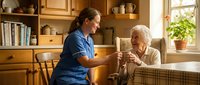 Professional caregiver assisting elderly woman with medication in cozy home kitchen setting. Healthcare worker providing compassionate senior care services.