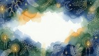 Festive winter frame with golden ornaments, evergreen branches, candles and stars surrounding white cloud space for text or design elements.