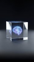 Transparent crystal cube with glowing blue energy sphere inside, isolated on dark background for design and technology concepts.