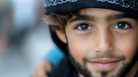 Young middle eastern boy wearing traditional black headscarf with embroidery smiles warmly at camera, close up portrait with soft blue background and gentle natural lighting.