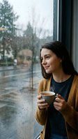 Woman holding warm beverage by rainy window, looking outside thoughtfully. Young adult female with long dark hair, wearing mustard cardigan and dark shirt, enjoying hot drink during autumn or winter weather. Suitable for lifestyle, wellness, seasonal and relaxation concepts.