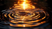 Concentric ripples on dark water surface reflecting golden sunlight, creating mesmerizing circular patterns and waves. Macro photography captures liquid motion.
