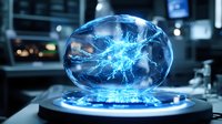 Glowing blue energy sphere with lightning bolts inside transparent dome, futuristic laboratory setting with dark background and electric plasma discharge effect.