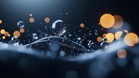 Macro photography of water drops and bubbles with golden bokeh lights creating magical atmosphere against dark background, frozen motion splash effect.