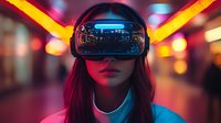 Young Asian woman wearing virtual reality headset in neon-lit urban environment with red and blue lighting creating futuristic cyberpunk atmosphere.