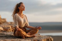 Young mixed race woman in casual outfit practicing meditation and yoga in lotus position on rocky cliff at sunset near ocean, eyes closed.