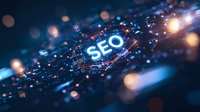 Glowing SEO text in futuristic digital network with light effects and bokeh on dark blue background, modern technology concept for online marketing.