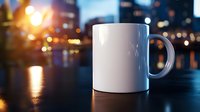White ceramic coffee mug mockup on dark reflective surface with blurred city lights and bokeh background, modern urban lifestyle setting.