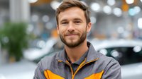 Young Caucasian male professional with beard wearing gray and yellow workwear uniform smiling confidently at camera in industrial or automotive workplace setting.