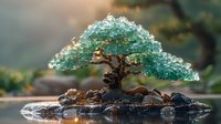 Miniature bonsai tree made of turquoise crystal clusters on natural stone base with water reflection, artistic zen garden composition in soft morning light.