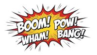 Comic book explosion burst with boom pow wham bang text in retro pop art style with radiating lines and starburst effect for graphic design projects.