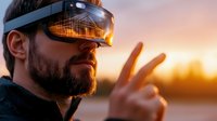 Bearded man wearing augmented reality headset gestures at sunset, orange sky reflects on VR device while exploring virtual world. Modern technology concept.