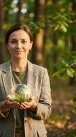 Professional Caucasian businesswoman in beige suit holding glass sphere with green plants outdoors representing environmental sustainability and eco-friendly business.