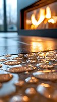 Water droplets on dark surface reflecting warm fireplace glow in background, creating cozy atmospheric scene with bokeh light effects and golden reflections.